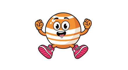 Cheerful striped cartoon character with excited expression and pink sneakers