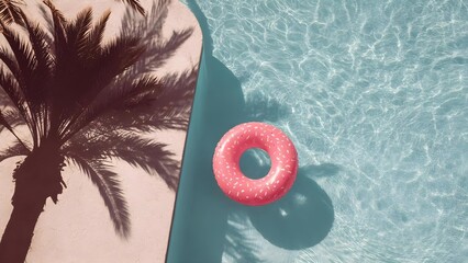 Pink donut pool float with sprinkles floats in a turquoise pool beside a palm-shadowed pink pool deck. Concept Pink donut pool float, Turquoise pool water, Palm-shadowed pink deck
