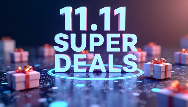 Celebrate massive savings with stunning 11.11 Super Deals featuring gift boxes and glowing digital elements for ultimate shopping excitement!