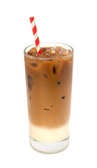 Iced cold coffee caramel macchiato isolated on white background.