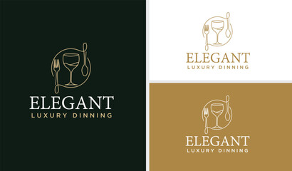 Line Art Logo of Spoon Fork Plate Knife Glass for Restaurant and Cafe Logo Design