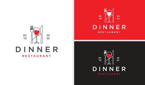 Line Art Spoon Fork Plate Knife Glass for Restaurant and Cafe Logo Design