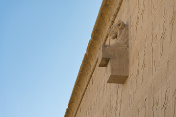 Lion carved in stone on the high walls of the temple of Dendera, Egypt. Blue sky on the left.