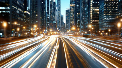 Fototapeta premium Dynamic cityscape with light trails from vehicles on busy street surrounded by skyscrapers