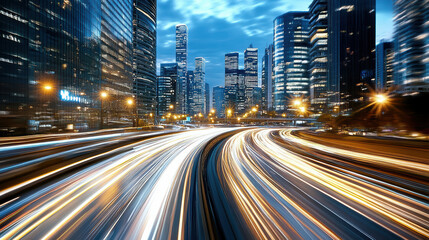 Fototapeta premium Dynamic cityscape with light trails from vehicles on busy road, showcasing modern skyscrapers