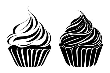 Set of two cupcakes or muffins logo. Vector black ink isolated illustration in sketch line style