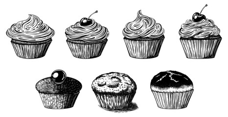 Set of various cupcakes or muffins with cherries. Vector black ink isolated illustration in sketch line style
