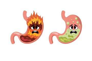 cartoon stomachs with acid reflux and nausea expressions, medical symptoms clipart, transparent png for health designs