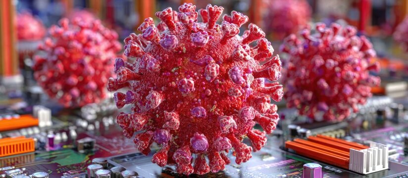 3D Render of Coronavirus Particles on Computer Circuit Board.