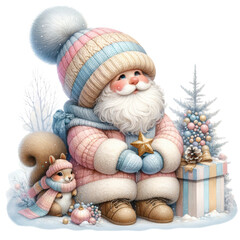 Santa Sitting by Christmas Trees with Bunny and Gifts, Pastel Winter Clipart for Cards and Crafts