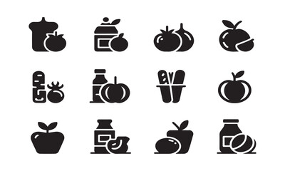 Fruit and vegetable icons isolated on white background in glyph style
