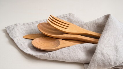Elegant Wooden Utensils Wrapped in Soft Linen Napkin for Kitchen or Dining Table Decoration