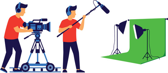 Video Production Crew Filming on Green Screen Set. Cameraman and Boom Operator Working with Lighting