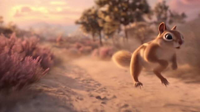 A small, animated creature runs along a dusty path, kicking up a cloud of dust. Pink vegetation and trees flank the path under a warm, golden sky
