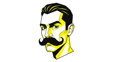 Stylized portrait of a man with prominent mustache in bold graphic style illustration