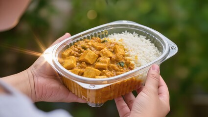 Delicious Curry Dish with Rice in Takeout Container Held by Hands Against Green Background