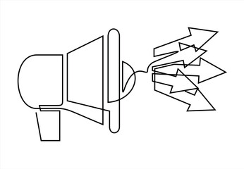 Megaphone with arrow isolated on white background, symbol of marketing, promotion, and business growth. continuous line drawing. Editable stroke. 
