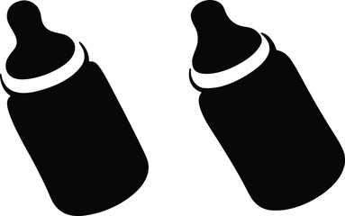 Two stylized baby bottles one empty and one filled with milk