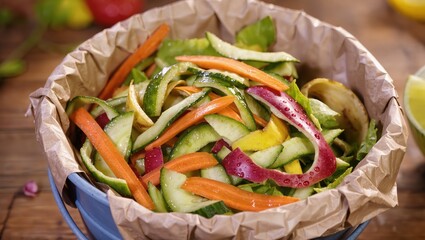 Freshly Prepared Colorful Vegetable Salad in Blue Bowl with Paper Lining on Wooden Table