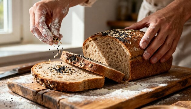 Fresh whole grain bread with seeds being sprinkled on wooden cutting board - Powered by Adobe