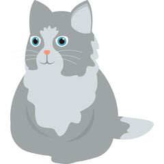 Fluffy Grey and White Cat Sitting Contentedly with Blue Eyes and Pink Nose on Transparent Background Simple Cartoon Style