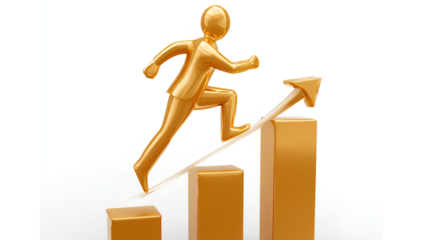 a golden man in a suit running on top of three gold bar charts, with an arrow pointing upwards behind him, transparent background png file