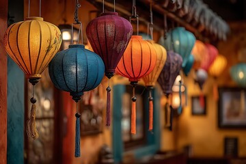 Row of Vibrant Asian Paper Lanterns with Tassels decoration