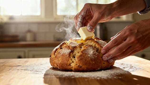 Freshly baked round bread with melting butter on wooden kitchen table