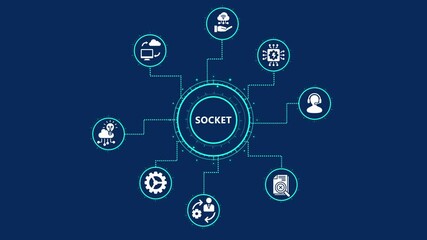Socket connection concept with icons of cloud computing, data processing, artificial intelligence, settings, and security on a dark blue background - Powered by Adobe