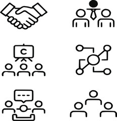 Business and Networking Outline Icon Set – Meeting, Communication, and Corporate Symbols