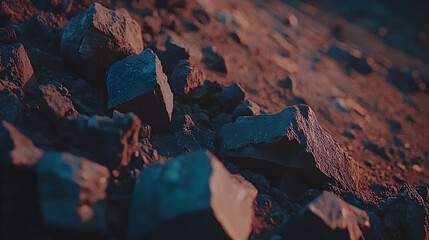 A close-up view a rugged, textured geological landscape featuring rough rocks boulders illuminated dramatic blue warm brown light, creating an abstract dynamic scene.
