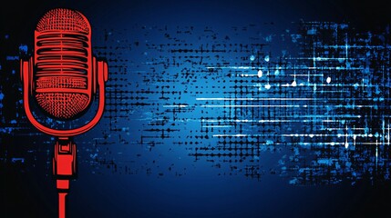 digital voice recording microphone with sound wave background for podcast and broadcast advertising