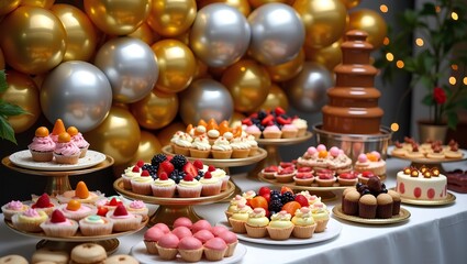 Sweet dessert table for New Year 2026, cupcakes, macarons, fruit tarts, chocolate fountain, gold and silver balloons in background.