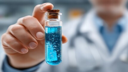 Scientist holding a small glass vial with blue liquid