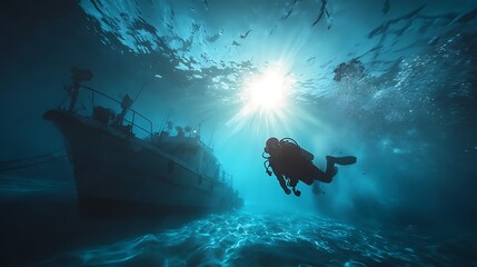 Silhouette of diver and boat in deep blue underwater light