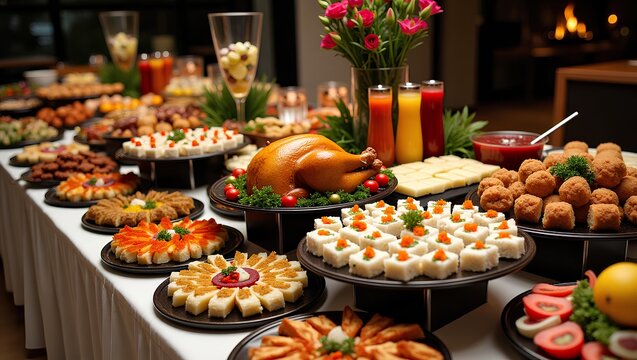 Festive buffet table with international foods, roasted turkey, sushi, cheese platters, fruit desserts, colorful drinks, modern holiday celebration, top-down view.