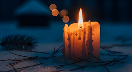 Ambient lighting, dark blue and orange tones, a hazy bokeh background, a flickering candle flame, a textured wax candle, snow and pine needles, and a beautiful winter scene