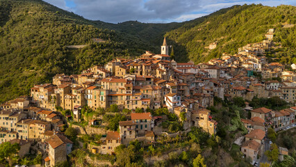 Aerial view of the picturesque hilltop town of Apricale, Liguria, northern Italy