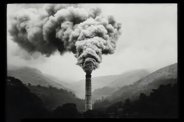 Smokestack billowing smoke over misty mountains industrial