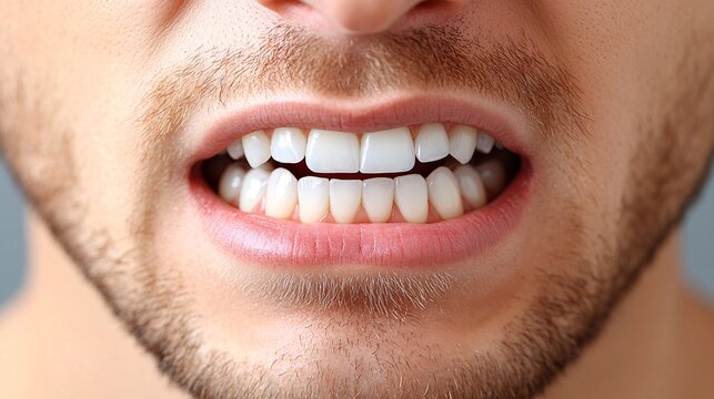 close-up of smiling man showing bright white teeth and lip details