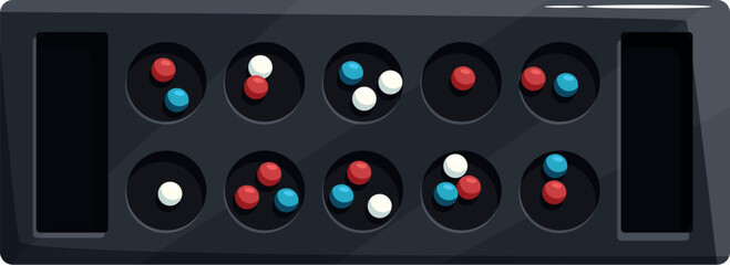 Mancala board game with colorful stones in its compartments, ready for a strategic gameplay session