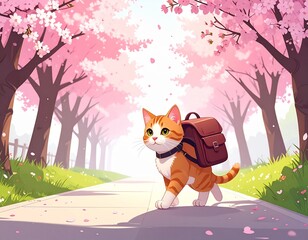 猫　カバン　花