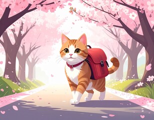 猫　カバン　花