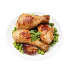 Grilled chicken drumsticks, green peas, onion and parsley isolated on white, above view