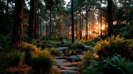 Sunbeams pierce through a dense pine forest at dawn Keywords: forest, pine trees, sunrise