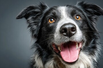 Fototapeta premium Happy border collie portrait with mouth open shows its enthusiasm and cheerful expression in the studio on a grey background