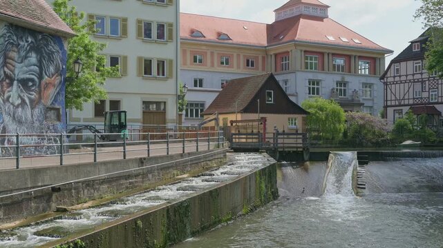 Summer View of the Neckar Weir Canal near the University in Esslingen, Germany