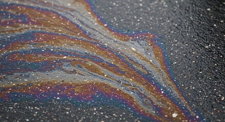 Obraz premium Asphalt shows rainbow sheen oil spill texture dark grainy