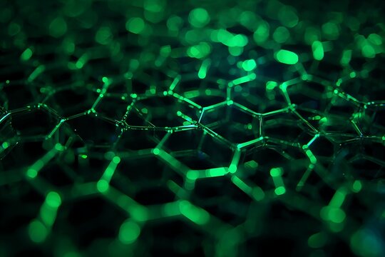 Vibrant green light illuminating a complex hexagonal mesh, symbolizing data and connectivity - Powered by Adobe
