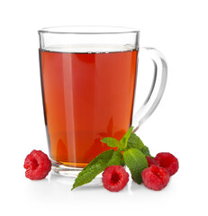 Cup of delicious tea, raspberries and mint isolated on white